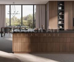 Cuisine avec îlot bois Noyer élégant cannelé au style rétro et design sans poigné