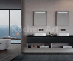 Salle de bains contemporaine avec double vasque et finitions bois naturel